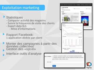 Exploitation marketing

  Statistiques
  - Comparer activité des magasins
  - Suivre la fréquence de visite des clients
  - Export data XLS
     - Mine d’informations

  Rapport Facebook:
  1 application dédiée par client

  Monter des campagnes à partir des
  données collectées
  Gestion des «opt-in»
  Interface outils d’analyse
 