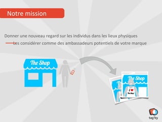 Notre mission

Donner une nouveau regard sur les individus dans les lieux physiques
      Les considérer comme des ambassadeurs potentiels de votre marque
 