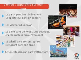 L’enjeu : apparaître sur leur mur

   Le participant à un événement
   Le spectateur dans un concert

   Les visiteurs d’un salon

   Le client dans un Hyper, une boutique,
   chez le coiffeur ou au restaurant

   Le salarié dans son entreprise
   L’étudiant dans son école

   Le touriste dans un parc d’attractions
 