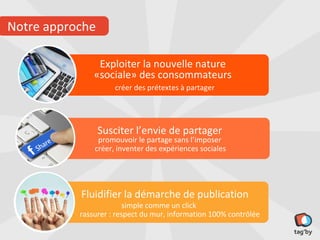 Notre approche

               Exploiter la nouvelle nature
              «sociale» des consommateurs
                     créer des prétextes à partager




                 Susciter l’envie de partager
                promouvoir le partage sans l’imposer
               créer, inventer des expériences sociales




           Fluidifier la démarche de publication
                        simple comme un click
           rassurer : respect du mur, information 100% contrôlée
 