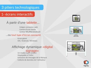 3 piliers technologiques
1- écrans interactifs

   À partir d’une tablette...
               Intègre connexion web
               Camera Ecran tactile
               Lecteur Nfc/Rfid (Android)

   ...ou tout type d’écran connecté
               Ecran géant
               IOS / Android / Windows



   Affichage dynamique «digital signage»
               Un media à part entière
               Déployable à l’infini
               Emissions de messages de la Marque
               Collecte de données de l’utilisateur
 
