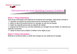 Déroulement du team Building Couture Créative


Etape 1 = Phase préparatoire
Sous forme d’échanges entre Bobines & Combines et le manager, cette phase consiste à
>> identifier et analyser les dysfonctionnements individuels et collectifs.
>> définir le rôle et le positionnement du manager au sein de son équipe.
>> établir les objectifs personnels et collectifs de l’atelier.
>> préparer les fonctions qui vont être attribuées au manager lors de l’atelier, en réponse aux
objectifs recherchés.
>> valider le thème de la création à réaliser et les règles du jeu.

Etape 2 = Phase intermédiaire
Bobines & Combines édite un cahier des charges qui est validé par le manager.




06/02/12	
                     B&C	
  SAS	
  -­‐	
  166,	
  rue	
  Marcadet.	
  75018	
  Paris	
  -­‐	
     4	
  
 