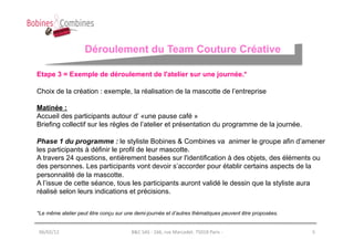 Déroulement du Team Couture Créative

Etape 3 = Exemple de déroulement de l'atelier sur une journée.*

Choix de la création : exemple, la réalisation de la mascotte de l’entreprise

Matinée :
Accueil des participants autour d’ «une pause café »
Briefing collectif sur les règles de l’atelier et présentation du programme de la journée.

Phase 1 du programme : le styliste Bobines & Combines va animer le groupe afin d’amener
les participants à définir le profil de leur mascotte.
A travers 24 questions, entièrement basées sur l'identification à des objets, des éléments ou
des personnes. Les participants vont devoir s’accorder pour établir certains aspects de la
personnalité de la mascotte.
A l’issue de cette séance, tous les participants auront validé le dessin que la styliste aura
réalisé selon leurs indications et précisions.


*Le même atelier peut être conçu sur une demi-journée et d’autres thématiques peuvent être proposées.


06/02/12	
                             B&C	
  SAS	
  -­‐	
  166,	
  rue	
  Marcadet.	
  75018	
  Paris	
  -­‐	
     5	
  
 