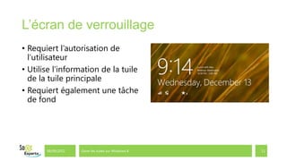 L’écran de verrouillage
• Requiert l’autorisation de
  l’utilisateur
• Utilise l’information de la tuile
  de la tuile principale
• Requiert également une tâche
  de fond




       06/09/2012   Gérer les tuiles sur Windows 8   11
 