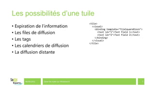 Les possibilités d’une tuile
• Expiration de l’information
• Les files de diffusion
• Les tags
• Les calendriers de diffusion
• La diffusion distante




       06/09/2012   Gérer les tuiles sur Windows 8   7
 
