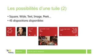 Les possibilités d’une tuile (2)
• Square, Wide, Text, Image, Peek…
• 45 dispositions disponibles




      06/09/2012   Gérer les tuiles sur Windows 8   8
 