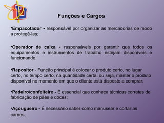 Funções e Cargos 
•Empacotador - responsável por organizar as mercadorias de modo 
a protegê-las; 
•Operador de caixa - responsáveis por garantir que todos os 
equipamentos e instrumentos de trabalho estejam disponíveis e 
funcionando; 
•Repositor - Função principal é colocar o produto certo, no lugar 
certo, no tempo certo, na quantidade certa, ou seja, manter o produto 
disponível no momento em que o cliente está disposto a comprar; 
•Padeiro/confeiteiro - É essencial que conheça técnicas corretas de 
fabricação de pães e doces; 
•Açougueiro - É necessário saber como manusear e cortar as 
carnes; 
 