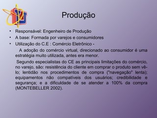 Produção 
• Responsável: Engenheiro de Produção 
• A base: Formada por varejos e consumidores 
• Utilização do C.E : Comércio Eletrônico - 
A adoção do comércio virtual, direcionado ao consumidor é uma 
estratégia muito utilizada, antes era menor. 
Segundo especialistas do CE as principais limitações do comércio, 
no varejo, são: resistência do cliente em comprar o produto sem vê-lo; 
lentidão nos procedimentos de compra ("navegação" lenta); 
equipamentos não compatíveis dos usuários; credibilidade e 
segurança; e a dificuldade de se atender a 100% da compra 
(MONTEBELLER 2002). 
 