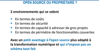 2 environnements qui se valent
 En termes de coûts
 En termes de sécurité
 En termes de capacité à adresser de gros projets
 En termes de périmètre de fonctionnalités couvertes
Avec un petit avantage à l’open source plus adapté à
la transformation numérique et qui n’impose pas un
schéma tout fait
OPEN SOURCE OU PROPRIETAIRE ?
 