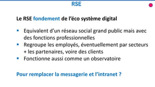 Le RSE fondement de l’éco système digital
 Equivalent d’un réseau social grand public mais avec
des fonctions professionnelles
 Regroupe les employés, éventuellement par secteurs
+ les partenaires, voire des clients
 Fonctionne aussi comme un observatoire
RSE
Pour remplacer la messagerie et l’intranet ?
 