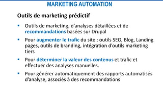 MARKETING AUTOMATION
Outils de marketing prédictif
 Outils de marketing, d’analyses détaillées et de
recommandations basées sur Drupal
 Pour augmenter le trafic du site : outils SEO, Blog, Landing
pages, outils de branding, intégration d’outils marketing
tiers
 Pour déterminer la valeur des contenus et trafic et
effectuer des analyses manuelles.
 Pour générer automatiquement des rapports automatisés
d’analyse, associés à des recommandations
 