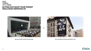 17
#2 FIND OUT WHATYOUR TARGET
FEELS MOST DEPRIVED OF
Vs.
New feels exciting, therefore old looks cheap New is old fashioned, therefore refurbished is cool
 