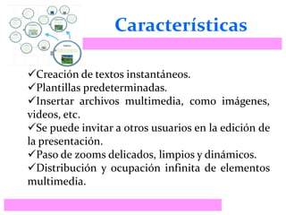 Características
Creación de textos instantáneos.
Plantillas predeterminadas.
Insertar archivos multimedia, como imágenes,
videos, etc.
Se puede invitar a otros usuarios en la edición de
la presentación.
Paso de zooms delicados, limpios y dinámicos.
Distribución y ocupación infinita de elementos
multimedia.
 