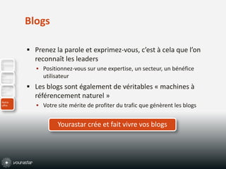 BlogsPrenez la parole et exprimez-vous, c’est à cela que l’on reconnaît les leadersPositionnez-vous sur une expertise, un secteur, un bénéfice utilisateurLes blogs sont également de véritables « machines à référencement naturel » Votre site mérite de profiter du trafic que génèrent les blogsYourastar crée et fait vivre vos blogs