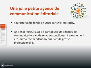 Une jolie petite agence de communication éditorialeYourastar a été fondé en 2010 par Erick Hostachy. Ancien directeur associé dans plusieurs agences de communications et de relations publiques, il a également été journaliste pendant dix ans dans la presse professionnelle.