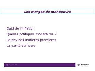 Les marges de manoeuvre Quid de l'inflation  Quelles politiques monétaires ? Le prix des matières premières La parité de l'euro 
