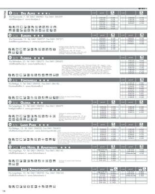 Hotel


         9 D/4         Des Alpes                          s
                                                                                                                                                 n.notti        periodi                              n.notti

        Via Nazionale, 7 - Tel. 0461 586983 - Fax 0461 586309                                                                                      1           27/05-15/06           €€ 45,00          1              18/08-24/08                €€ 77,00
        info@desalpes.it - www.desalpes.it                                                                                                         1           16/06-29/06           €€ 51,00          1              25/08-31/08                €€ 67,00
                                                                                                                                                   1           30/06-06/07           €€ 59,00          1              01/09-07/09                €€ 55,00
                                                                                                                                                   1           07/07-13/07           €€ 65,00          1              08/09-30/09                €€ 50,00
                                                                                                                                                   1           14/07-27/07           €€ 73,00
                                                                                                                                                   1           28/07-03/08           €€ 80,00
                                                                                                                                                   1           04/08-17/08           €€ 87,00




        10 C/4         Europa                                                                                                                    n.notti         periodi                             n.notti           periodi
                                                                                                                                                    1          28/04-26/05            €€ 53,00         1            19/08-26/08                  €€ 73,00
        Via Nazionale, 13 - Tel. 0461 586937 - Fax 0461 587271                                                                                      1          26/05-09/06            €€ 55,00         1            26/08-02/09                  €€ 55,00
        hotel@europamolveno.it - www.europamolveno.it                                                                                               1          09/06-23/06            €€ 58,00         1            02/09-09/09                  €€ 54,00
                                                                                                                                                    1          23/06-07/07            €€ 67,00         1            09/09-30/09                  €€ 53,00
                                                                                                                                                    1          07/07-28/07            €€ 74,00
                                                                        tipologia camera: Standard senza vista lago                                 1          28/07-04/08            €€ 76,00
                                                                        / standard without lake view / standard ohne
                                                                        See Blick                                                                   1          04/08-19/08            €€ 94,00
                                                                        mezza pensione / HB / HP - € 4,00
                                                                        supplemento stanza vista lago / lake view room
                                                                        surcharge / Panorama Zimmer Zuschlag


        11 D/2        Florida                                                                                                                                                                        n.notti           periodi
                                                                                                                                                                                                       1              29/05-16/06               €€ 43,00
        Via Belvedere, 25 - Tel. 0461 586272 - Fax 0461 586603                                                                                                                                         1              16/06-07/07               €€ 51,00
        info@hotel-florida.it - www.hotel-florida.it         camera panoramica / panoramic room / Panorama Zimmer +5% - soggiorni / long
                                                                                                                                                                                                       1              07/07-28/07               €€ 61,00
                                                                              stay / längere Aufenthalte 10 gg/days/Tage -5% - sconti bambini / children discount                                     1              28/07-04/08               €€ 71,00
                                                                              / Kinderermäßigung: fino a/up to/bis 3 anni/years/Jahre alt -50%, 3-6 anni/years/                                        1              04/08-19/08               €€ 78,00
                                                                              Jahre - 30%, 7-12 anni/years/Jahre -20% - Piano famiglia / family plan / Familienplan                                    1              19/08-26/08               €€ 61,00
                                                                              2+2=3 (bambini/children/Kinder  12 anni/years/Jahre), culla in alta stagione /                                          1              26/08-10/09               €€ 51,00
                                                                              cradle in high season / Wiege in Hoch-saison € 15,00, gratis in bassa stagione/
                                                                              free in low season / kostenlos in Neben-Saison - 3° letto/Bed/Bett per adulti/adults/                                    1              10/09-18/09               €€ 43,00
                                                                              Erwachsene -15%, 4°letto/Bed/Bett -20%



        12 E/4         Fontanella                                                                                                                                                                    n.notti           periodi

        Via Bettega, 3 - Tel. 0461 586955 - Fax 0461 586182                                                                                                                                            1
                                                                                                                                                                                                       1
                                                                                                                                                                                                                      01/05-31/05
                                                                                                                                                                                                                      31/05-16/06
                                                                                                                                                                                                                                                €€ 48,00
                                                                                                                                                                                                                                                €€ 52,00
        hfontanella@tin.it - www.hfontanella.it                                                                                                                                                        1              16/06-30/06               €€ 58,00
                                                                                                                                                                                                       1              30/06-07/07               €€ 64,00
                                                                                                                                                                                                       1              07/07-28/07               €€ 69,00
                                                                                                                                                                                                       1              28/07-04/08               €€ 76,00
                                                                                                                                                                                                       1              04/08-23/08               €€ 84,00
                                                                                                                                                                                                       1              23/08-31/08               €€ 69,00
                                                                        Tipologia di camera/room/Zimmertyp:                                                                                            1              31/08-30/09               €€ 55,00
                                                                        Standard.


        13 D/4        Gloria                                                                                                                      n.notti         periodi                            n.notti           periodi

        Via Lungolago, 15 - Tel. 0461 586962 - Fax 0461 586079                                                                                         1         18/05-16/06          €€ 47,00         1              19/08-25/08               €€ 70,00
        hotelgloria@tin.it - www.gloriahotel.it                                                                                                        1         17/06-23/06          €€ 53,00         1              26/08-01/09               €€ 58,00
                                                                                                                                                       1         24/06-30/06          €€ 58,00         1              02/09-08/09               €€ 53,00
                                                                                                                                                       1         01/07-07/07          €€ 63,00         1              09/09-01/10               €€ 47,00
                                                                        Tipologia di camera/room/Zimmertyp:                                            1         08/07-28/07          €€ 70,00
                                                                        de luxe .
                                                                        supplemento pensione completa/ FB / VP: da/                                    1         29/07-04/08          €€ 77,00
                                                                        from/von € 7,00 a/to/bis € 15,00 secondo                                       1         05/08-18/08          €€ 87,00
                                                                        periodo/ depending on the period / je nach
                                                                        dem Zeit


        14 E/6        Lago Park                                                                                                                   n.notti         periodi                            n.notti           periodi

        Via Bettega, 12 - Tel. 0461 586030 - Fax 0461 586403                                                                                           1         25/05-09/06          €€ 44,00         1              11/08-19/08               €€ 85,00
        info@dolomitiparkhotel.com - www.dolomitiparkhotel.com                                                                                         1         10/06-22/06          €€ 42,00         1              20/08-25/08               €€ 70,00
                                                                     Tipologia di camera/room/Zimmertyp: Doppia vista lago da / from / von:            1         23/06-29/06          €€ 51,00         1              26/08-01/09               €€ 55,00
                                                                     riduzioni bambini/children discount/Kinderermäßigung: 0-1 anni in culla /
                                                                     years in cradle /Jahre alt im Wiege € 15,00 - 1-5 anni/years/Jahre alt            1         30/06-06/07          €€ 55,00         1              02/09-08/09               €€ 51,00
                                                                     -50% - 6-17 anni/years/Jahre alt -30% - pensione completa (solo in giugno         1         07/07-13/07          €€ 62,00         1              09/09-15/09               €€ 44,00
                                                                     e settembre) / FB (in June and September / VP (im Juni und September) + €         1         14/07-03/08          €€ 70,00         1              16/09-04/10               €€ 40,00
                                                                     10,00 - pernottamento e prima colazione / BB / Aufenthalt und Frühstück
                                                                     - € 10,00 - Piano famiglia / family plan / Familienplan: 2+2=3 (bambini           1         04/08-10/08          €€ 80,00
                                                                     nella stessa stanza /children in the same room/Kinder mit Erwachsene 
                                                                     14 anni/years/Jahre alt)



        15 C/4        Lido Hotel  Apartments                                                                                                     n.notti        periodi                             n.notti           periodi
                                                                                                                                                       1    maggio/may/Mai- 16/06     €€ 55,00         1            27/08– 02/09                 €€ 65,00
        Via Lungolago, 10 - Tel. 0461 586932 - Fax 0461 586143                                                                                         1       17/06-30/06            €€ 67,00         1            03/09– 09/09                 €€ 60,00
        info@lidomolveno.it - www.lidomolveno.it                                                                                                       1       1/07– 07/07            €€ 75,00         1       10/09-ottobre/october /Oktober    €€ 56,00
                                                                                                                                                       1      08/07– 28/07            €€ 84,00
                                                                                                                                                       1      29/07– 04/08            €€ 90,00
                                                                                                                                                       1      05/08– 19/08            €€ 98,00
                                                                        Tipologia di camera/room/Zimmertyp:                                            1      20/08– 26/08            €€ 78,00
                                                                        Economy




                       Lido (Appartamenti)                                                                                                        n.notti        periodi                        4x   n.notti           periodi                              4x
                                                                                                                                                       7    maggio/may/Mai- 16/06    €€ 560,00         7            27/08– 02/09                €€ 800,00
        Via Lungolago, 10 - Tel. 0461 586932 - Fax. 0461 586143                                                                                        7       17/06-30/06           €€ 750,00         7            03/09– 09/09                €€ 580,00
        info@lidomolveno.it - www.lidomolveno.it                                                                                                       7       1/07– 07/07           €€ 860,00         7       10/09-ottobre/october /Oktober   €€ 460,00
                                                                                                                                                       7      08/07– 28/07          €€ 1.040,00
                                                                                                                                                       7      29/07– 04/08          €€ 1.220,00
                                                                                                                                                       7      05/08– 19/08          €€ 1.370,00
                                                                                                                                                       7      20/08– 26/08          €€ 1.140,00




16
 