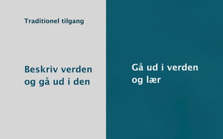 Traditionel tilgang




Beskriv verden        Gå ud i verden
og gå ud i den        og lær
 