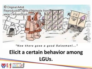 PERCEPTION
         ATTITUDE
         BEHAVIOR



Elicit a certain behavior among
               LGUs.
 