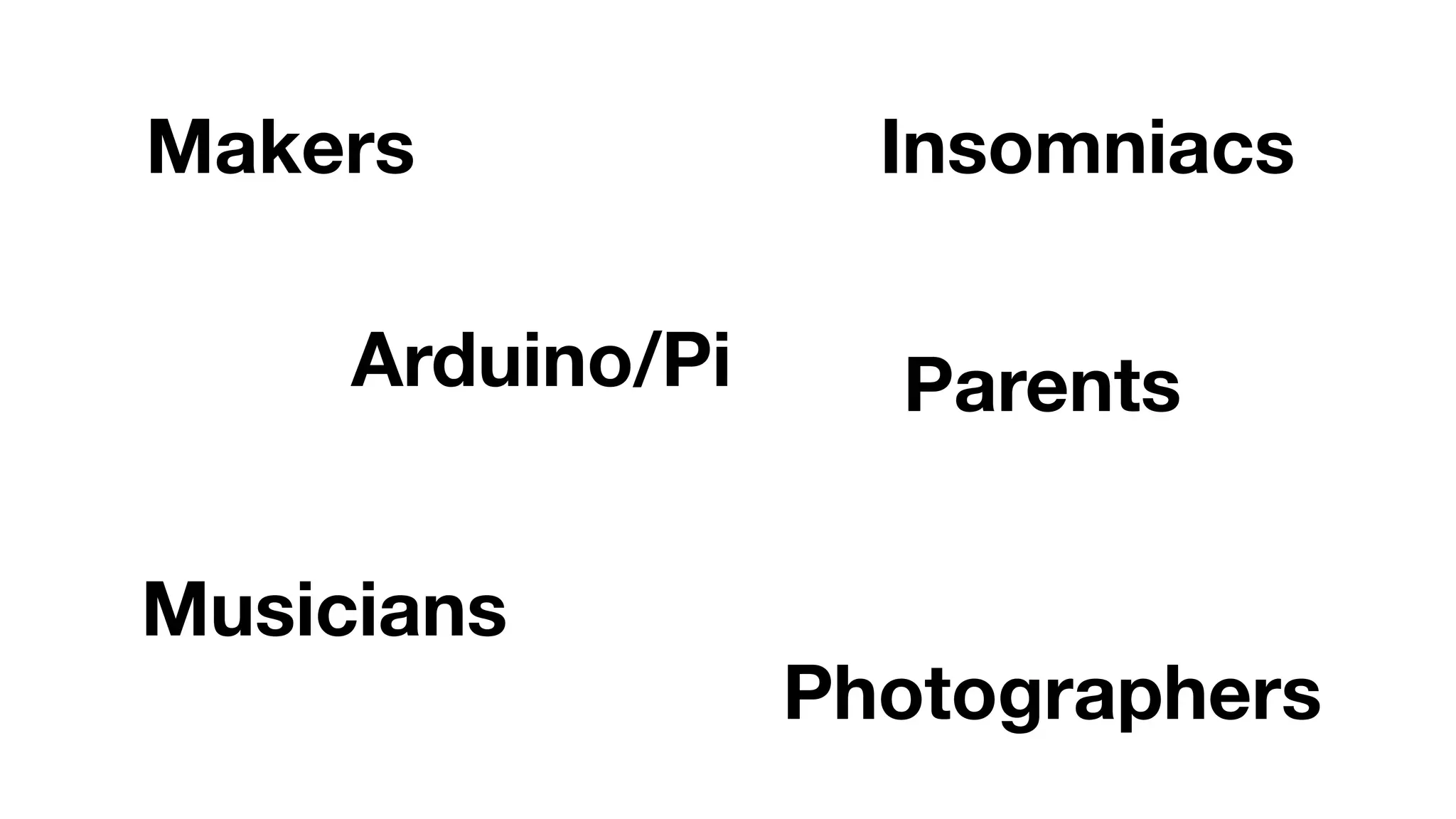 Makers
Parents
Insomniacs
Musicians
Photographers
Arduino/Pi
 
