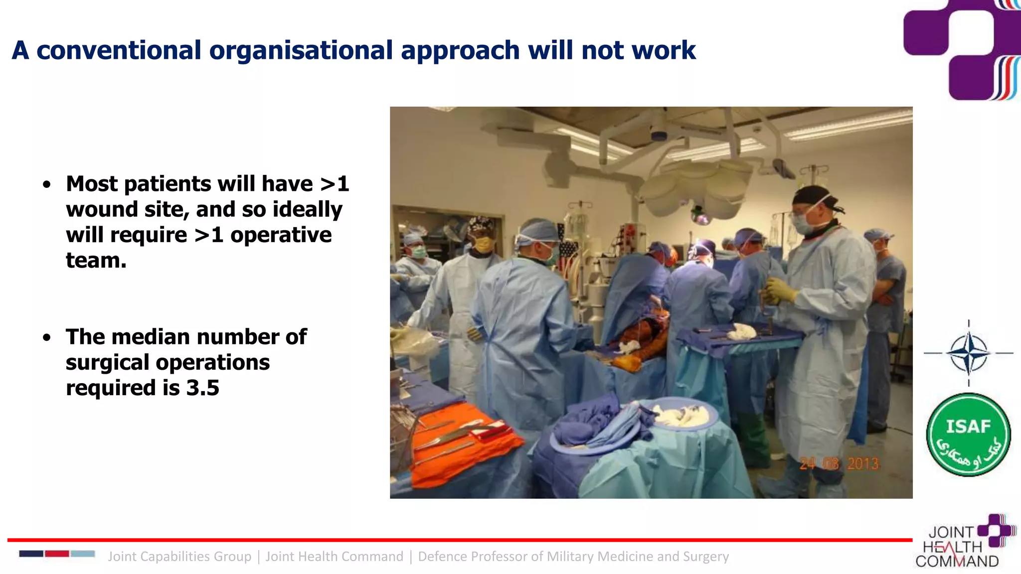 A conventional organisational approach will not work
• Most patients will have >1
wound site, and so ideally
will require >1 operative
team.
• The median number of
surgical operations
required is 3.5
Joint Capabilities Group │ Joint Health Command │ Defence Professor of Military Medicine and Surgery
 