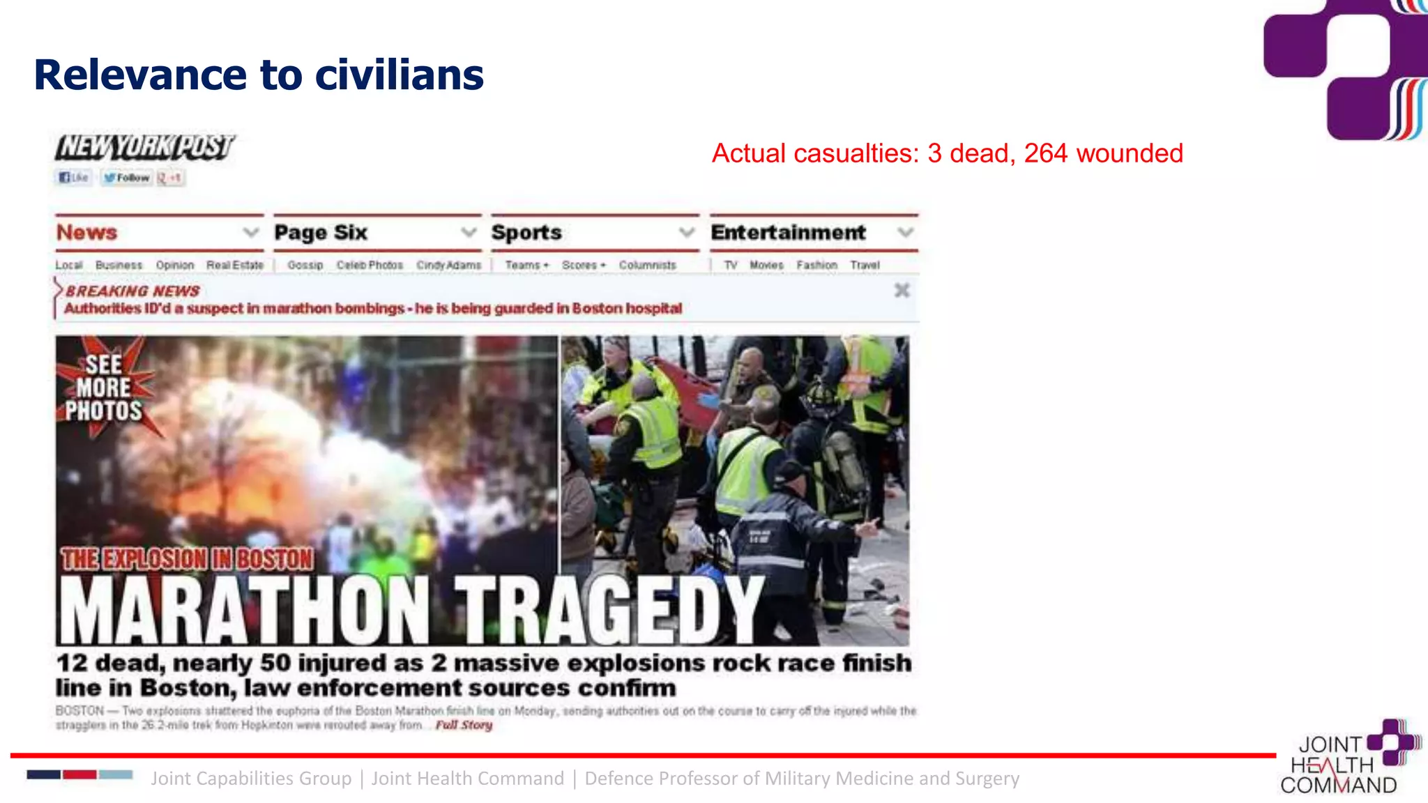 Actual casualties: 3 dead, 264 wounded
Joint Capabilities Group │ Joint Health Command │ Defence Professor of Military Medicine and Surgery
Relevance to civilians
 