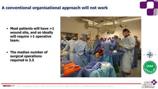 A conventional organisational approach will not work
• Most patients will have >1
wound site, and so ideally
will require >1 operative
team.
• The median number of
surgical operations
required is 3.5
Joint Capabilities Group │ Joint Health Command │ Defence Professor of Military Medicine and Surgery
 