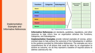 14
Implementation
Examples and
Informative References
Informative References are standards, guidelines, regulations, and other
resources to help inform how an organization achieves the Functions,
Categories, and Subcategories.
Implementation Examples provide notional examples of concise, action-
oriented steps to help achieve the outcomes of the Subcategories in addition
to the guidance provided by Informative References. The examples are not a
comprehensive list of all actions that could be taken by an organization to
achieve an outcome, nor do they represent a baseline of required actions to
address cybersecurity risk.
 
