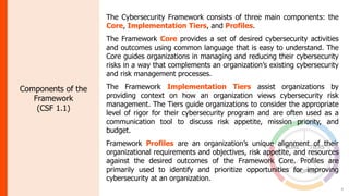 4
Components of the
Framework
(CSF 1.1)
The Cybersecurity Framework consists of three main components: the
Core, Implementation Tiers, and Profiles.
The Framework Core provides a set of desired cybersecurity activities
and outcomes using common language that is easy to understand. The
Core guides organizations in managing and reducing their cybersecurity
risks in a way that complements an organization’s existing cybersecurity
and risk management processes.
The Framework Implementation Tiers assist organizations by
providing context on how an organization views cybersecurity risk
management. The Tiers guide organizations to consider the appropriate
level of rigor for their cybersecurity program and are often used as a
communication tool to discuss risk appetite, mission priority, and
budget.
Framework Profiles are an organization’s unique alignment of their
organizational requirements and objectives, risk appetite, and resources
against the desired outcomes of the Framework Core. Profiles are
primarily used to identify and prioritize opportunities for improving
cybersecurity at an organization.
 
