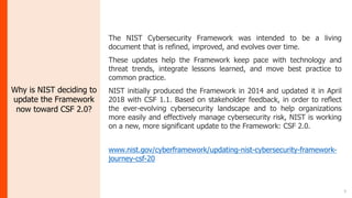 5
Why is NIST deciding to
update the Framework
now toward CSF 2.0?
The NIST Cybersecurity Framework was intended to be a living
document that is refined, improved, and evolves over time.
These updates help the Framework keep pace with technology and
threat trends, integrate lessons learned, and move best practice to
common practice.
NIST initially produced the Framework in 2014 and updated it in April
2018 with CSF 1.1. Based on stakeholder feedback, in order to reflect
the ever-evolving cybersecurity landscape and to help organizations
more easily and effectively manage cybersecurity risk, NIST is working
on a new, more significant update to the Framework: CSF 2.0.
www.nist.gov/cyberframework/updating-nist-cybersecurity-framework-
journey-csf-20
 