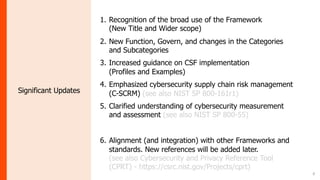 8
Significant Updates
1. Recognition of the broad use of the Framework
(New Title and Wider scope)
2. New Function, Govern, and changes in the Categories
and Subcategories
3. Increased guidance on CSF implementation
(Profiles and Examples)
4. Emphasized cybersecurity supply chain risk management
(C-SCRM) (see also NIST SP 800-161r1)
5. Clarified understanding of cybersecurity measurement
and assessment (see also NIST SP 800-55)
6. Alignment (and integration) with other Frameworks and
standards. New references will be added later.
(see also Cybersecurity and Privacy Reference Tool
(CPRT) - https://csrc.nist.gov/Projects/cprt)
 