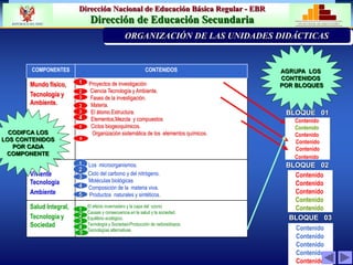 Dirección Nacional de Educación Básica Regular - EBR
Dirección de Educación Secundaria MINISTERIO DE EDUCACIÓN
REPÚBLICA DEL PERÚ
COMPONENTES CONTENIDOS
Mundo físico,
Tecnología y
Ambiente.
1H. Proyectos de investigación
2H. Ciencia Tecnología y Ambiente.
3H. Fases de la investigación.
Materia.
El átomo.Estructura.
Elementos,Mezcla y compuestos
Ciclos biogeoquímicos.
Organización sistemática de los elementos químicos.
Mundo
Viviente
Tecnología
Ambiente
1E. Los microorganismos.
Ciclo del carbono y del nitrógeno.
3E. Moléculas biológicas
4E. Composición de la materia viva.
Productos naturales y sintéticos.
Salud Integral,
Tecnología y
Sociedad
1C. El efecto invernadero y la capa del ozono
Causas y consecuencia en la salud y la sociedad.
Equilibrio ecológico.
Tecnología y Sociedad-Producción de radioisótopos.
Tecnologías alternativas
Contenido
Contenido
Contenido
Contenido
Contenido
Contenido
PRIORIZACIÓN DE LA PROBLEMÁTICA INSTITUCION
ORGANIZACIÓN DE LAS UNIDADES DIDÁCTICAS
1
BLOQUE 01
Contenido
Contenido
Contenido
Contenido
Contenido
BLOQUE 02
2
3
4
5
1
2
3
4
5
1
2
Contenido
Contenido
Contenido
Contenido
Contenido
BLOQUE 03
CODIFCA LOS
LOS CONTENIDOS
POR CADA
COMPONENTE
AGRUPA LOS
CONTENIDOS
POR BLOQUES
6
3
4
5
3
3
 
