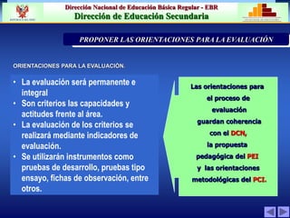 Dirección Nacional de Educación Básica Regular - EBR
Dirección de Educación Secundaria MINISTERIO DE EDUCACIÓN
REPÚBLICA DEL PERÚ
• La evaluación será permanente e
integral
• Son criterios las capacidades y
actitudes frente al área.
• La evaluación de los criterios se
realizará mediante indicadores de
evaluación.
• Se utilizarán instrumentos como
pruebas de desarrollo, pruebas tipo
ensayo, fichas de observación, entre
otros.
Las orientaciones para
el proceso de
evaluación
guardan coherencia
con el DCN,
la propuesta
pedagógica del PEI
y las orientaciones
metodológicas del PCI.
ORIENTACIONES PARA LA EVALUACIÒN.
PRIORIZACIÓN DE LA PROBLEMÁTICA INSTITUCION
PROPONER LAS ORIENTACIONES PARA LA EVALUACIÓN
 