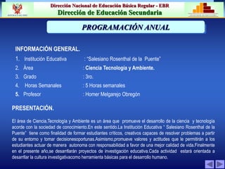 Dirección Nacional de Educación Básica Regular - EBR
Dirección de Educación Secundaria MINISTERIO DE EDUCACIÓN
REPÚBLICA DEL PERÚ
PRESENTACIÓN.
INFORMACIÓN GENERAL.
1. Institución Educativa : “Salesiano Rosenthal de la Puente”
2. Área : Ciencia Tecnología y Ambiente.
3. Grado : 3ro.
4. Horas Semanales : 5 Horas semanales
5. Profesor : Homer Melgarejo Obregón
El área de Ciencia,Tecnología y Ambiente es un área que promueve el desarrollo de la ciencia y tecnología
acorde con la sociedad de conocimiento.En este sentido.La Institución Educativa “ Salesiano Rosenthal de la
Puente” tiene como finalidad de formar estudiantes críticos, creativos capaces de resolver problemas a partir
de su entorno y tomar decisionesoportunas.Asimismo,promueve valores y actitudes que le permitirán a los
estudiantes actuar de manera autonoma con responsabilidad a favor de una mejor calidad de vida.Finalmente
en el presente año,se desarrllarán proyectos de investigación educativa.Cada actividad estará orientada a
desarrllar la cultura investigativacomo herramienta básicas para el desarrollo humano.
PRIORIZACIÓN DE LA PROBLEMÁTICA INSTITUCION
PROGRAMACIÓN ANUAL
 