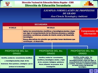 Dirección Nacional de Educación Básica Regular - EBR
Dirección de Educación Secundaria MINISTERIO DE EDUCACIÓN
REPÚBLICA DEL PERÚ
SECUNDARIA
VI CICLO VII CICLO
Aplica los conocimientos científicos y tecnológicos,teorías y leyes
que rigen el comportamiento de los diversos procesos y cambios
asociados a problemas actuales de interés social y del desarrollo
tecnológico.
Busca alternativas de solución que permitan tomar decisiones que
contribuyan al desarrollo.
PROPÓSITOS DEL 3er.
GRADO
PROPÓSITOS DEL 4to.
GRADO
Identifica ,analiza los conocimientos científicos
y tecnológicos,teorías y leyes de los
fenómenos físico químicos y biológicos que se
produce en la naturaleza
Identifica, analiza los conocimientos,
científicos y tecnológicos ,teorías y leyes
de los procesos biológicos químicos y
físicos utilizando los procesos de la
investigación.
Comprensión de
Información
PROPÓSITOS DEL 5to.
GRADO
Identifica, analiza, aplica los
conocimientos científicos y
tecnológicos,teorías y leyes que rigen el
comportamiento de los diversos procesos
y cambios asociados a problemas actuales
de interés social y del desarrollo
tecnológico .
PRIORIZACIÓN DE LA PROBLEMÁTICA
INSTITUCION EDUCATIVAv
EJEMPLO: FORMULACIÓN DE PROPÓSITOS
DE GRADO
Área Ciencia Tecnología y Ambiente
 