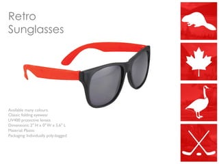 Retro
Sunglasses
Available many colours.
Classic folding eyewear
UV400 protective lenses
Dimensions: 2" H x 0" W x 5.6" L
Material: Plastic
Packaging: Individually poly-bagged
 