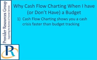 Why Cash Flow Charting When I have
(or Don’t Have) a Budget
1) Cash Flow Charting shows you a cash
crisis faster than budg...