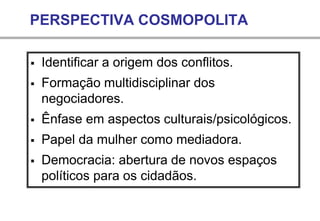 PERSPECTIVA COSMOPOLITA
▪ Identificar a origem dos conflitos.
▪ Formação multidisciplinar dos
negociadores.
▪ Ênfase em aspectos culturais/psicológicos.
▪ Papel da mulher como mediadora.
▪ Democracia: abertura de novos espaços
políticos para os cidadãos.
 