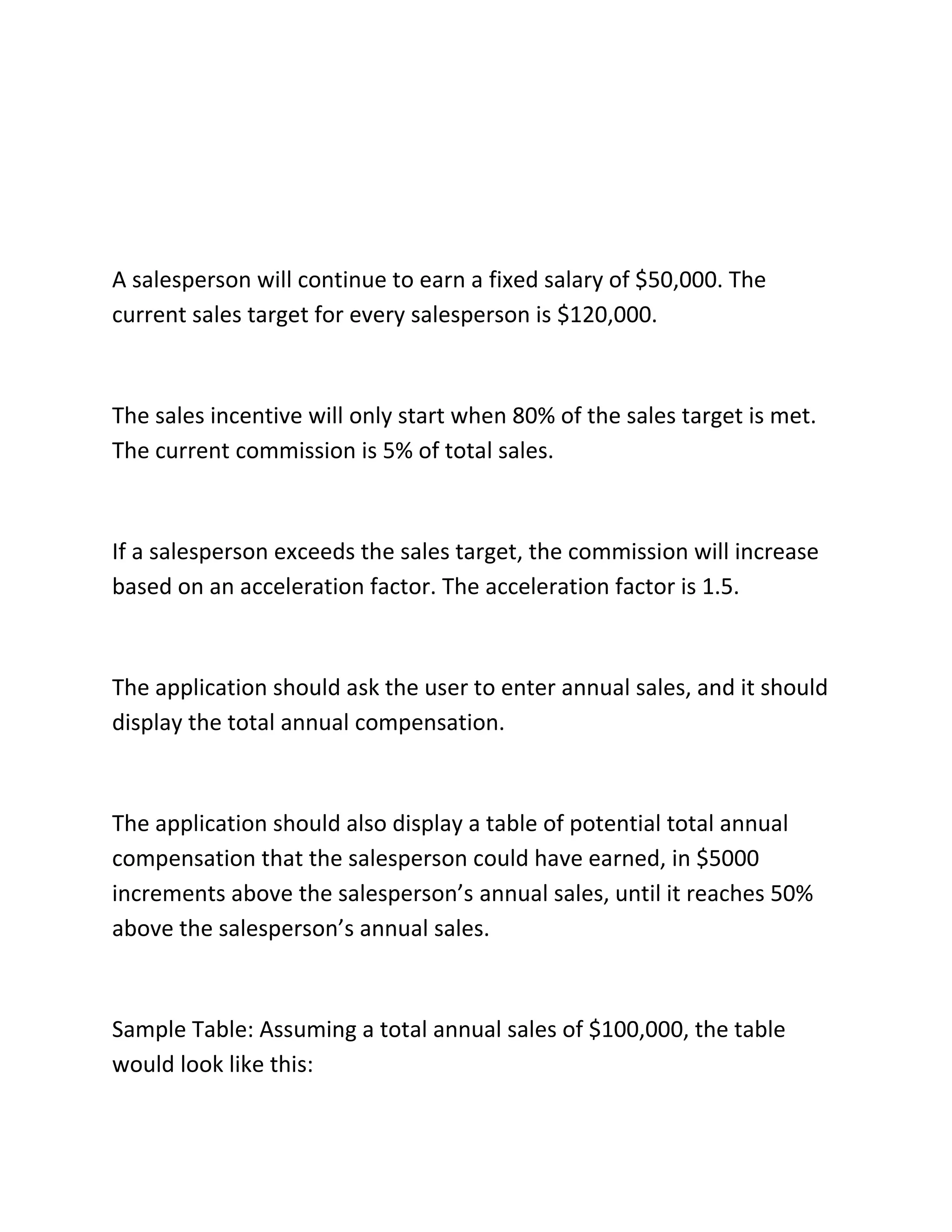 A salesperson will continue to earn a fixed salary of $50,000. The
current sales target for every salesperson is $120,000.
The sales incentive will only start when 80% of the sales target is met.
The current commission is 5% of total sales.
If a salesperson exceeds the sales target, the commission will increase
based on an acceleration factor. The acceleration factor is 1.5.
The application should ask the user to enter annual sales, and it should
display the total annual compensation.
The application should also display a table of potential total annual
compensation that the salesperson could have earned, in $5000
increments above the salesperson’s annual sales, until it reaches 50%
above the salesperson’s annual sales.
Sample Table: Assuming a total annual sales of $100,000, the table
would look like this:
 