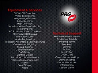 Equipment & Services
           DLP & LCD Projection
            Video Engineering
           Image Magnification
              Edge Blending
              High Definition
    Seamless Video Data Switching
              Teleprompting
     HD Broadcast Video Cameras
          Plasma & LCD Displays           Technical Support
             Line Array Audio             Keynote General Session
            Audio Engineering               Tradeshow Exhibits
Intelligent Automated Lighting Fixtures        Meeting Room
          Conventional Lighting                  Breakout
              Truss & Rigging                     Seminar
             Computer Rental                      Training
                CAD Design                      Registration
              Lighting Design                   Cyber Café
        Technical Labor Fulfillment        Computer Networking
       Presentation Management                 Demo Theatres
                   Scenic                    Product Launches
               Event Staging                   Entertainment
                    Kiosks                     Special Events
 