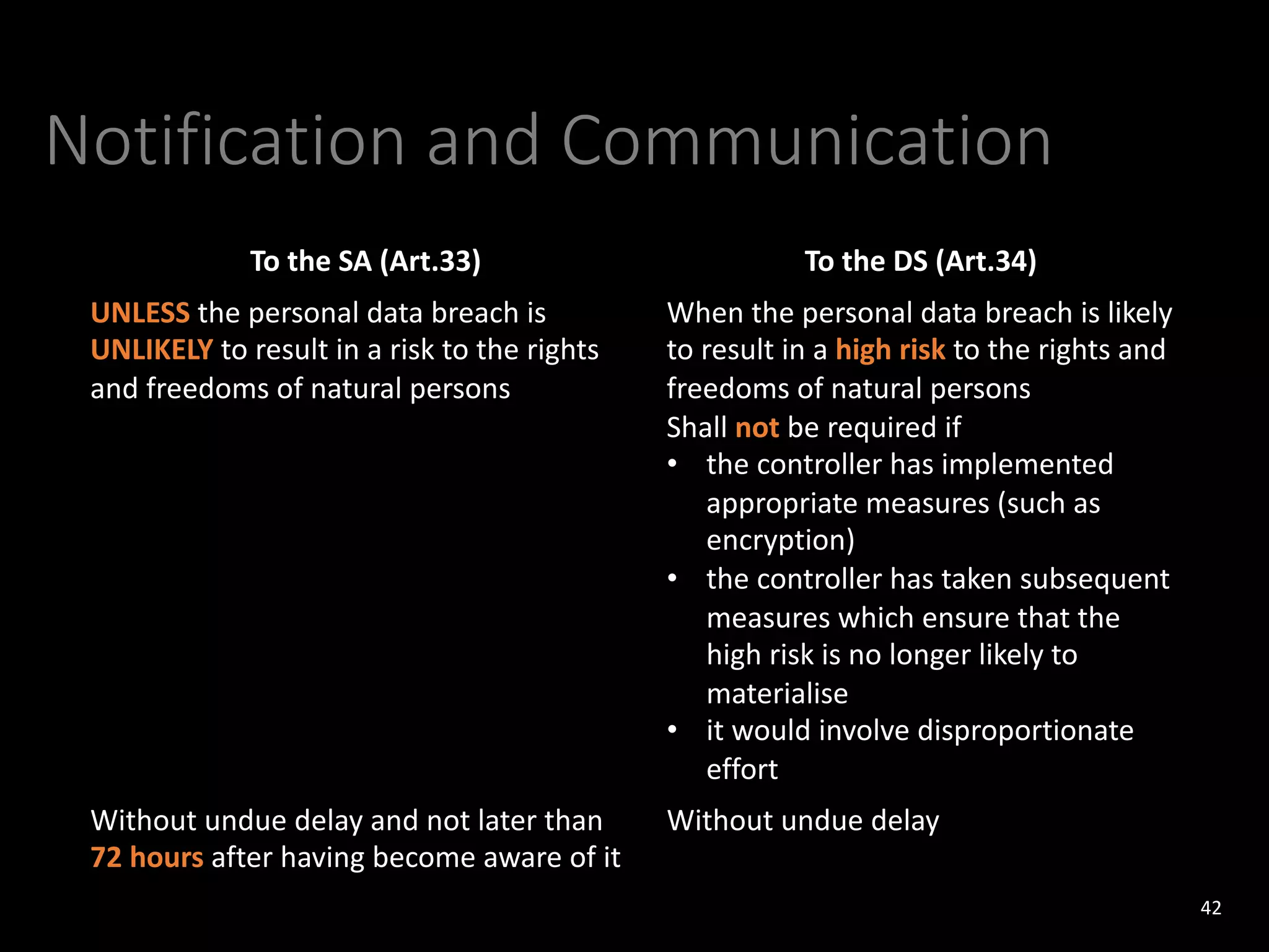 Notification and Communication
42
To the SA (Art.33) To the DS (Art.34)
UNLESS the personal data breach is
UNLIKELY to result in a risk to the rights
and freedoms of natural persons
When the personal data breach is likely
to result in a high risk to the rights and
freedoms of natural persons
Shall not be required if
• the controller has implemented
appropriate measures (such as
encryption)
• the controller has taken subsequent
measures which ensure that the
high risk is no longer likely to
materialise
• it would involve disproportionate
effort
Without undue delay and not later than
72 hours after having become aware of it
Without undue delay
 