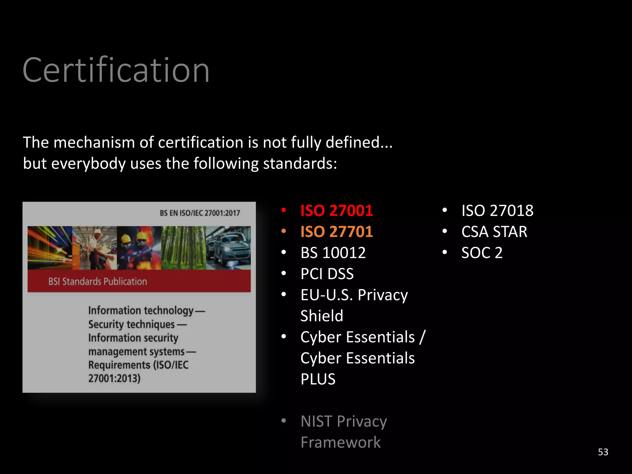 Certification
53
• ISO 27001
• ISO 27701
• BS 10012
• PCI DSS
• EU-U.S. Privacy
Shield
• Cyber Essentials /
Cyber Essentials
PLUS
• NIST Privacy
Framework
• ISO 27018
• CSA STAR
• SOC 2
The mechanism of certification is not fully defined...
but everybody uses the following standards:
 