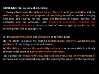 GDPR Article 32. Security of processing
1. Taking into account the state of the art, the costs of implementation and the
nature, scope, context and purposes of processing as well as the risk of varying
likelihood and severity for the rights and freedoms of natural persons, the
controller and the processor shall implement appropriate technical and
organisational measures to ensure a level of security appropriate to the risk,
including inter alia as appropriate:
(a) the pseudonymisation and encryption of personal data;
(b) the ability to ensure the ongoing confidentiality, integrity, availability and
resilience of processing systems and services;
(c) the ability to restore the availability and access to personal data in a timely
manner in the event of a physical or technical incident;
(d) a process for regularly testing, assessing and evaluating the effectiveness of
technical and organisational measures for ensuring the security of the processing.
…
25
 