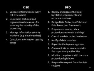50
CISO DPO
1. Conduct information security
risk assessment
2. Implement technical and
organizational measures for
ensuring the security of the
processing
3. Manage information security
incidents (e.g. data breaches)
4. Consult on information security
issues
1. Review and update the list of
legislative requirements and
recommendations
2. Design Data Protection Policy and
Data Protection Framework
3. Prepare and conduct data
protection awareness trainings
4. Consult on data protection issues.
5. Notify of data breaches
6. Report to the top management;
7. Communicate an cooperate with
the supervisory authorities
8. Monitor compliance with the data
protection legislation
9. Respond to request from the data
subjects
 