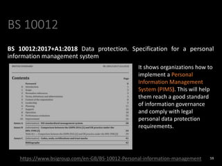 BS 10012
BS 10012:2017+A1:2018 Data protection. Specification for a personal
information management system
59
https://www.bsigroup.com/en-GB/BS-10012-Personal-information-management
It shows organizations how to
implement a Personal
Information Management
System (PIMS). This will help
them reach a good standard
of information governance
and comply with legal
personal data protection
requirements.
 
