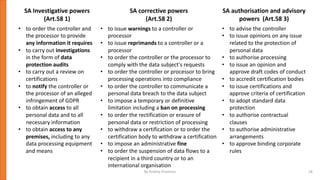 SA Investigative powers
(Art.58 1)
SA corrective powers
(Art.58 2)
SA authorisation and advisory
powers (Art.58 3)
• to order the controller and
the processor to provide
any information it requires
• to carry out investigations
in the form of data
protection audits
• to carry out a review on
certifications
• to notify the controller or
the processor of an alleged
infringement of GDPR
• to obtain access to all
personal data and to all
necessary information
• to obtain access to any
premises, including to any
data processing equipment
and means
• to issue warnings to a controller or
processor
• to issue reprimands to a controller or a
processor
• to order the controller or the processor to
comply with the data subject's requests
• to order the controller or processor to bring
processing operations into compliance
• to order the controller to communicate a
personal data breach to the data subject
• to impose a temporary or definitive
limitation including a ban on processing
• to order the rectification or erasure of
personal data or restriction of processing
• to withdraw a certification or to order the
certification body to withdraw a certification
• to impose an administrative fine
• to order the suspension of data flows to a
recipient in a third country or to an
international organisation
• to advise the controller
• to issue opinions on any issue
related to the protection of
personal data
• to authorise processing
• to issue an opinion and
approve draft codes of conduct
• to accredit certification bodies
• to issue certifications and
approve criteria of certification
• to adopt standard data
protection
• to authorise contractual
clauses
• to authorise administrative
arrangements
• to approve binding corporate
rules
By Andrey Prozorov 18
 