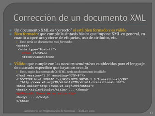  Un documento XML es “correcto” si está bien formado y es válido
 Bien formado: que cumple la sintaxis básica que impone XML en general, en
cuanto a apertura y cierre de etiquetas, uso de atributos, etc.
• Esto sería un documento mal formado:
<notes>
<note type=“Post-it”>
</to> <to>Paco
<from>Juana</from>
...
 Válido: que cumple con las normas semánticas establecidas para el lenguaje
de marcado específico que hayamos creado
• Esto, según las normas de XHTML sería un documento inválido:
<?xml version="1.0" encoding="UTF-8"?>
<!DOCTYPE html PUBLIC "-//W3C//DTD XHTML 1.0 Transitional//EN"
"http://www.w3.org/TR/xhtml1/DTD/xhtml1-transitional.dtd">
<html xmlns="http://www.w3.org/1999/xhtml">
<head> <title>Título</title> ... </head>
<p>Párrafo fuera de su sitio.</p>
<body> ... </body>
</html>
11
Laboratorio de Programación de Sistemas – XML en Java
 