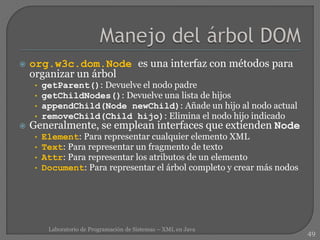  org.w3c.dom.Node es una interfaz con métodos para
organizar un árbol
• getParent(): Devuelve el nodo padre
• getChildNodes(): Devuelve una lista de hijos
• appendChild(Node newChild): Añade un hijo al nodo actual
• removeChild(Child hijo): Elimina el nodo hijo indicado
 Generalmente, se emplean interfaces que extienden Node
• Element: Para representar cualquier elemento XML
• Text: Para representar un fragmento de texto
• Attr: Para representar los atributos de un elemento
• Document: Para representar el árbol completo y crear más nodos
49
Laboratorio de Programación de Sistemas – XML en Java
 