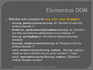 Métodos más comunes de org.w3c.dom.Element
• String getAttribute(String s): Devuelve el valor del
atributo llamado “s”
• NodeList getElementsByTagName(String s): Devuelve
una lista con todos los subelementos con la etiqueta “s”
• String getTagName(): Devuelve la etiqueta del propio
elemento
• boolean hasAttribute(String s): Pregunta si hay un
atributo llamado “s”
• void setAttribute(String nombre, String valor):
Añade un nuevo atributo con un cierto “nombre” y “valor”
• void removeAttribute(String nombre): Elimina el
atributo llamado “nombre”
50
Laboratorio de Programación de Sistemas – XML en Java
 