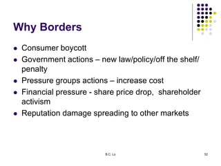Why Borders
 Consumer boycott
 Government actions – new law/policy/off the shelf/
penalty
 Pressure groups actions – in...